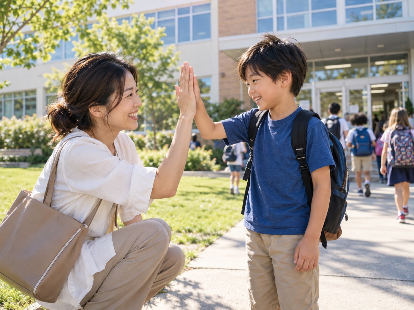 サマースクールの校舎の前で、しゃがんで小学生の息子とハイタッチする母