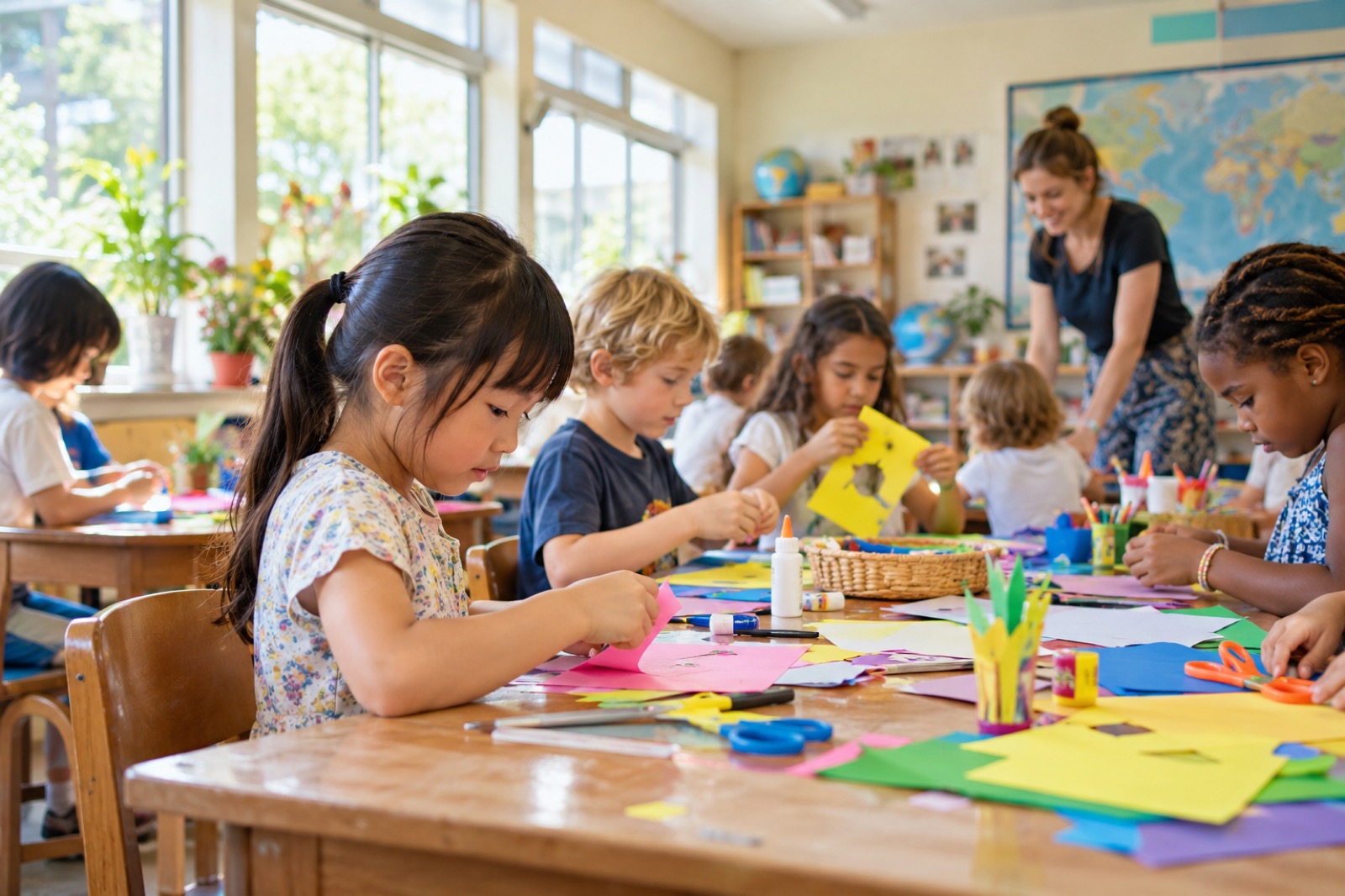 夏のプログラムで多国籍の子どもたちと工作をする小学生