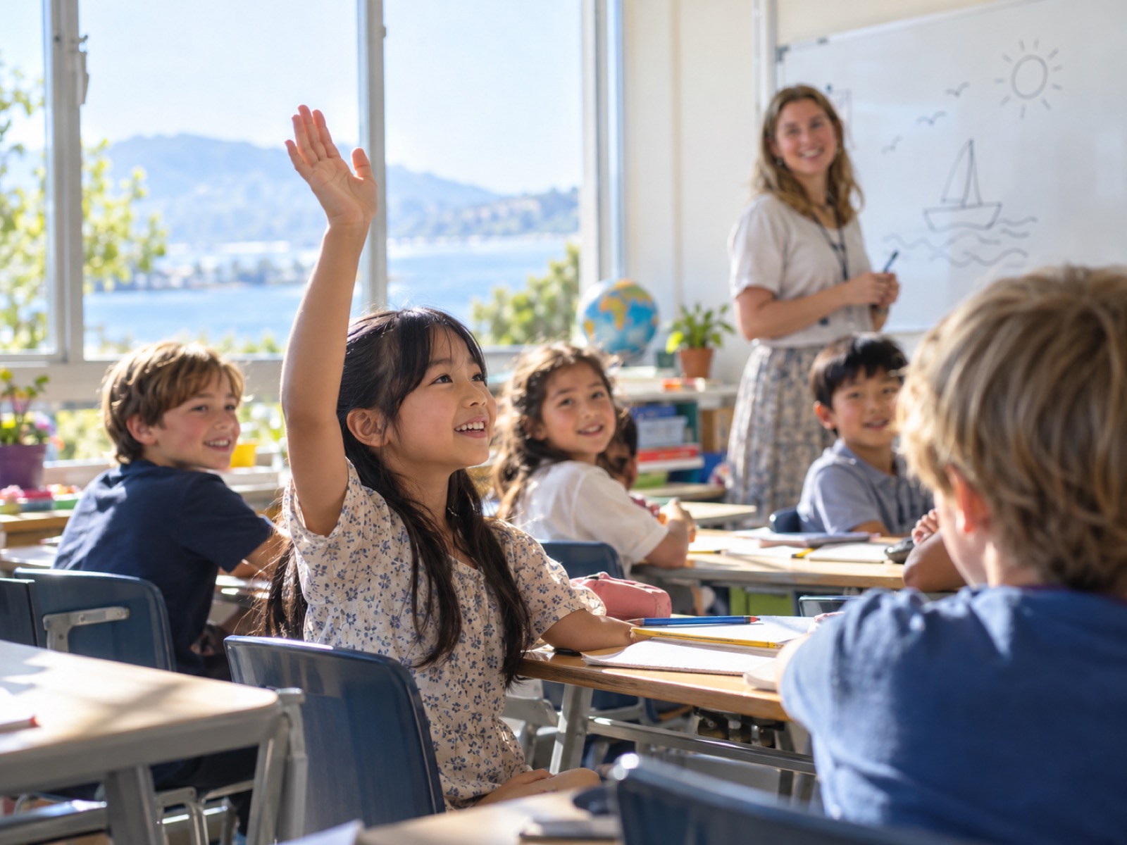 語学学校のジュニアクラスで、多国籍の子どもたちの中から笑顔で手を挙げて答える小学生