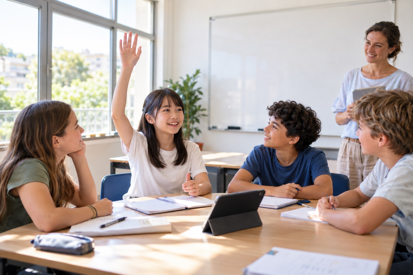 語学学校の教室で、日本人の中学生が手を挙げて発言し、多国籍の同級生が聞いている