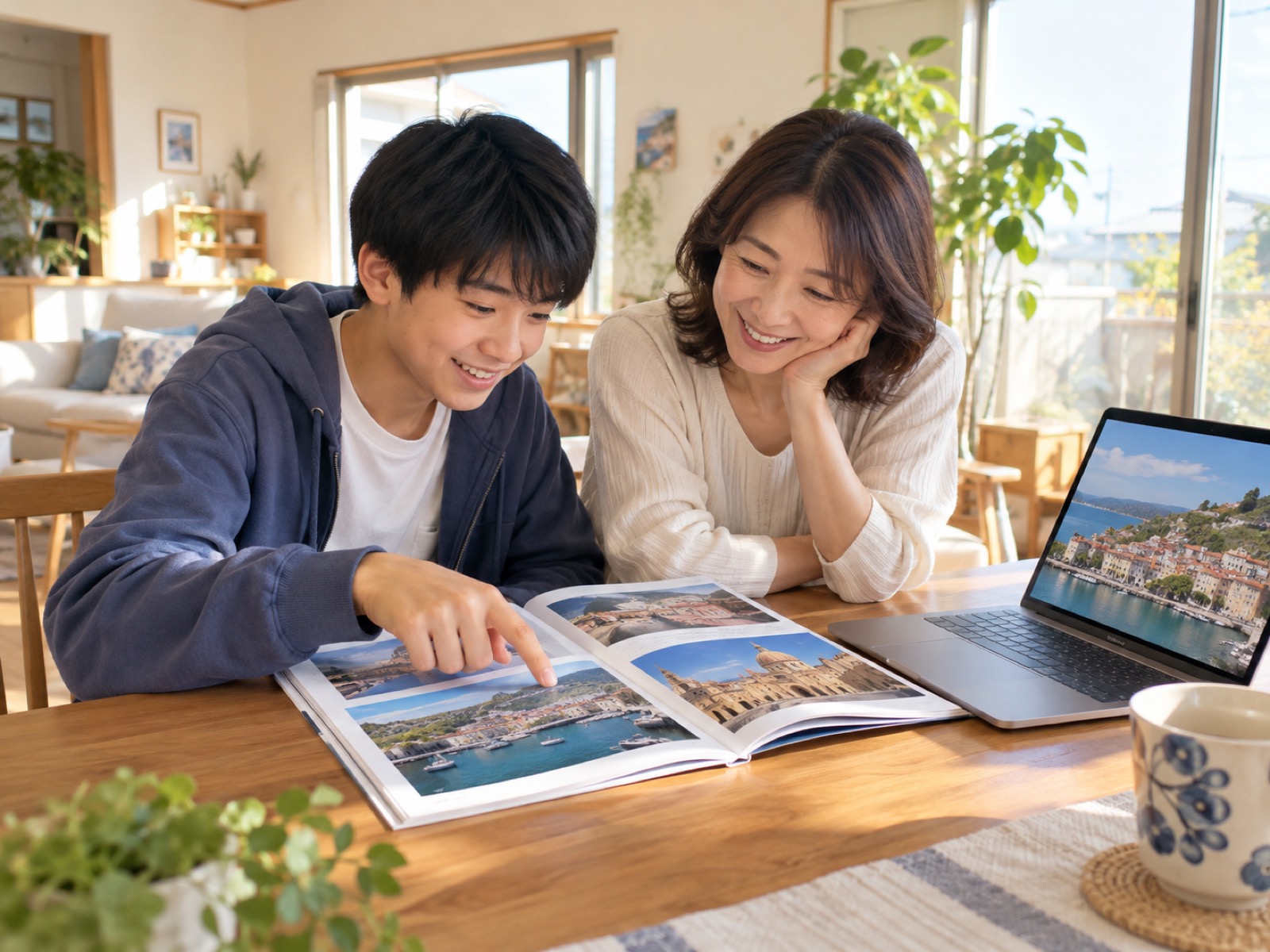 自宅のテーブルで、母親と並んで留学先のパンフレットを指さして話す中学生