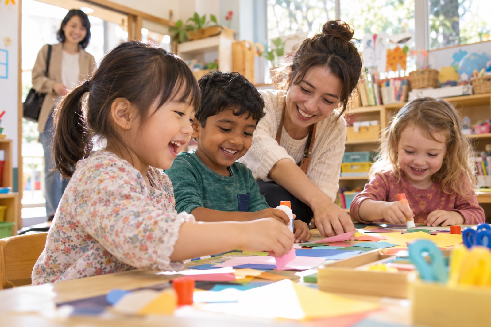 幼稚園の教室で、4歳ほどの子が多国籍の子と工作をし、先生がしゃがんで手伝う