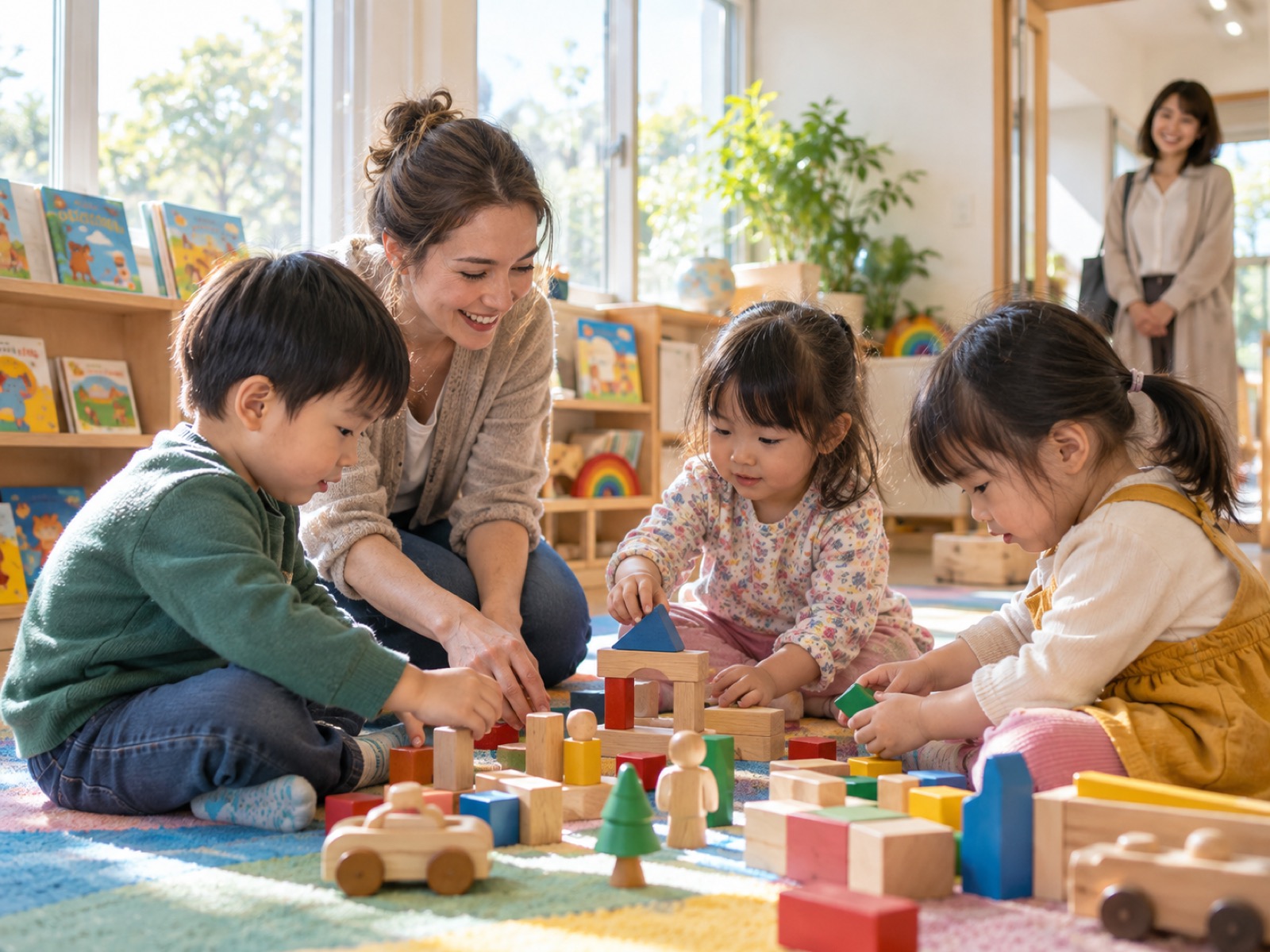 プリスクールの教室で先生と積み木で遊ぶ幼児たち・入口で見守る母親