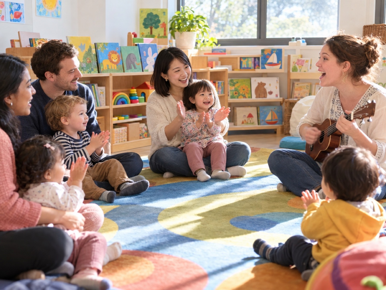 語学学校の親子クラスで、母のひざの上の2歳ほどの子が先生の歌に合わせて手をたたく