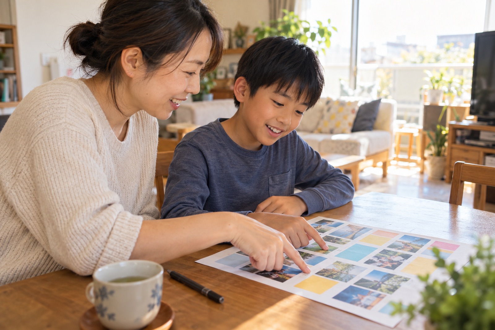 リビングで親子が比較表を指さして国の候補を相談する
