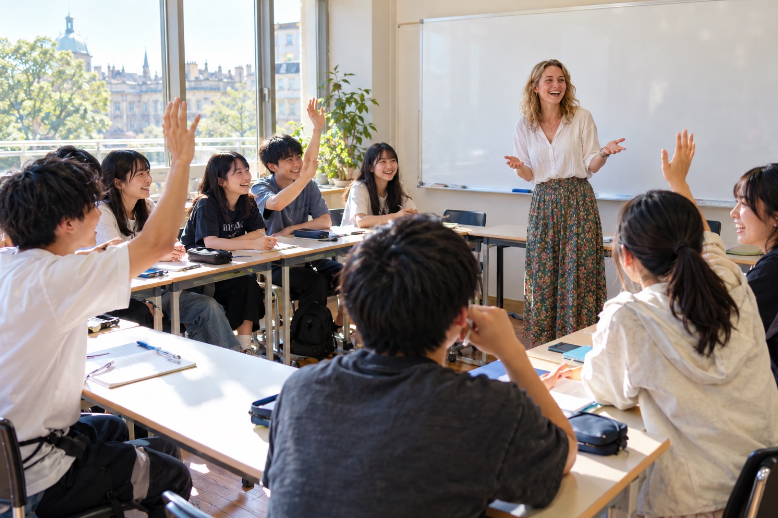 海外研修で、多国籍の講師の授業を受ける日本人の生徒たち
