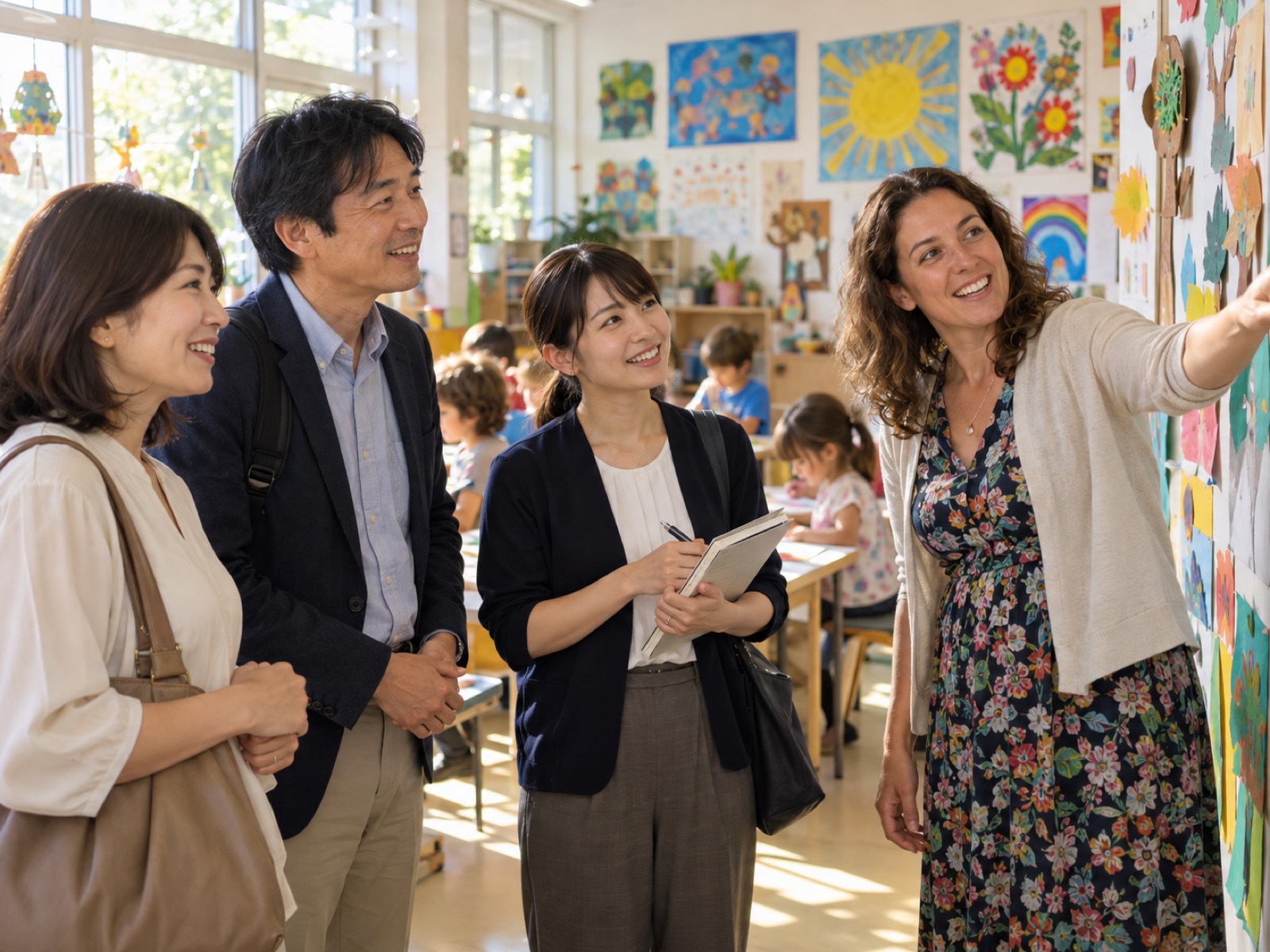 学校見学で、現地のコーディネーターが日本の先生と保護者に教室の作品を案内する