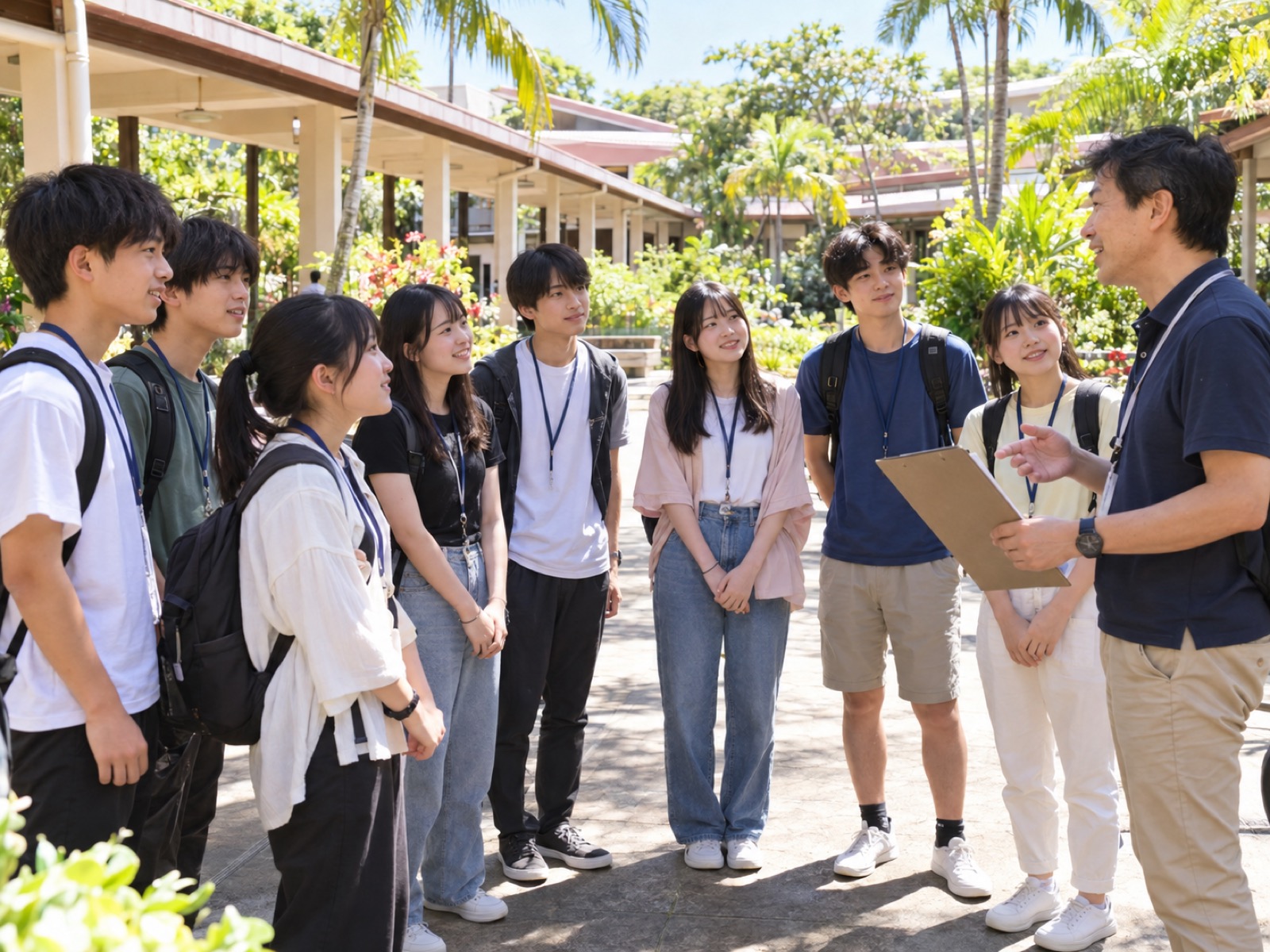 研修先の学校の中庭で、引率の先生の説明を聞く日本人の高校生たち