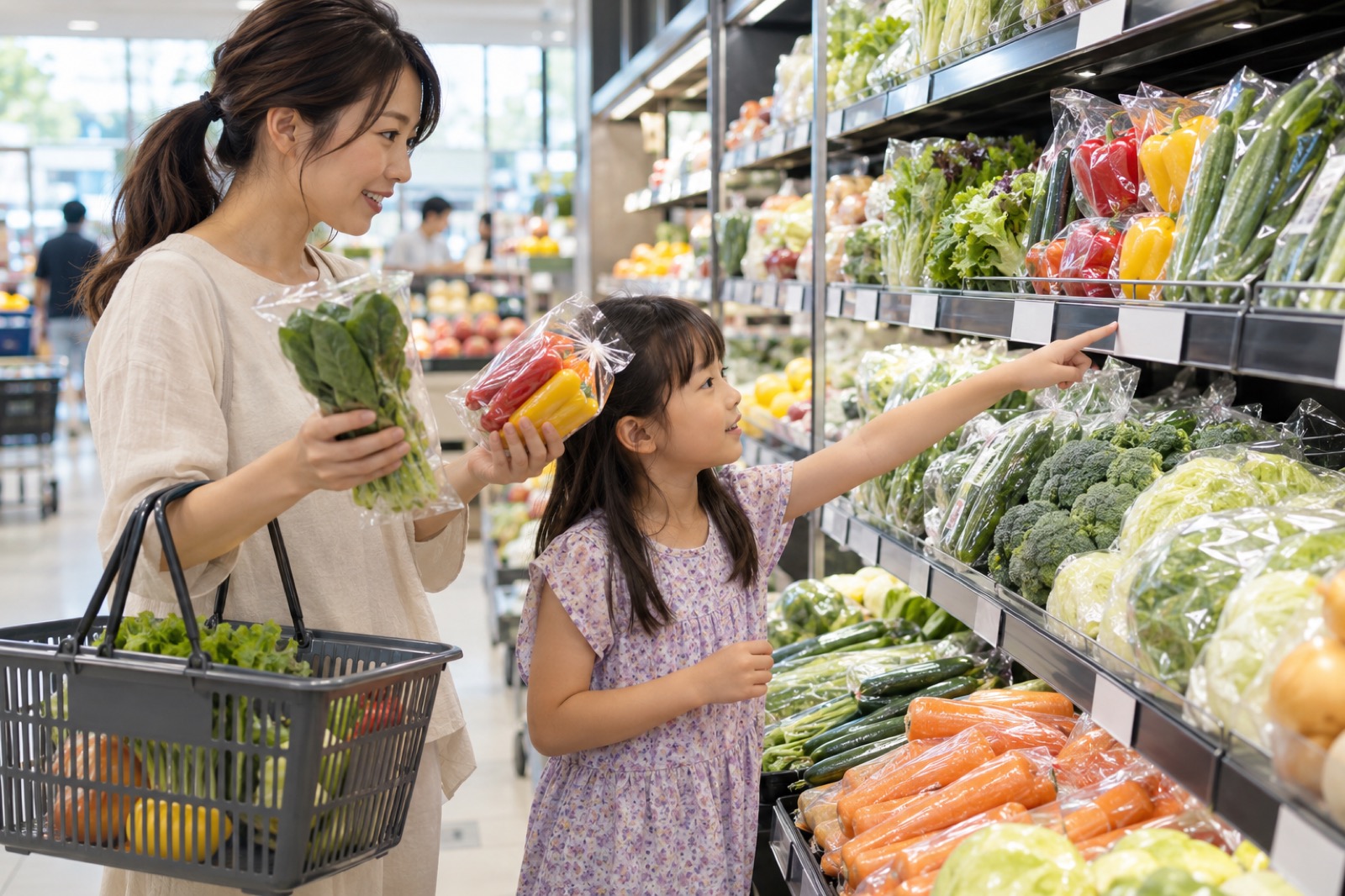 現地のスーパーで、親子が野菜と値札を見比べながら買い物をする