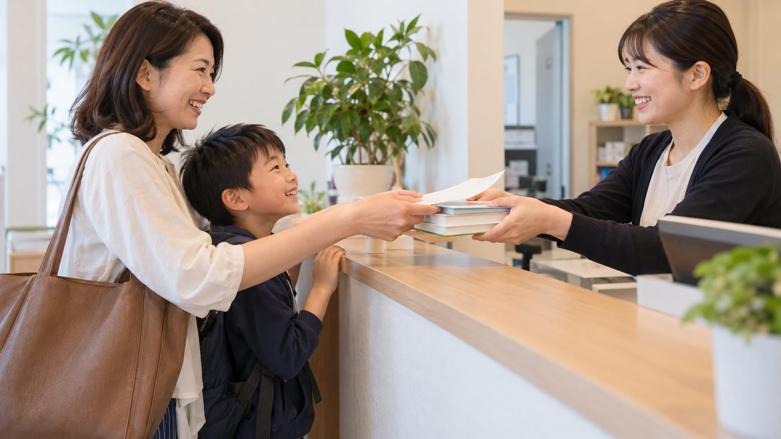 語学学校の受付で、母親がスタッフから領収書と教材を受け取り、男の子がカウンター越しにのぞく