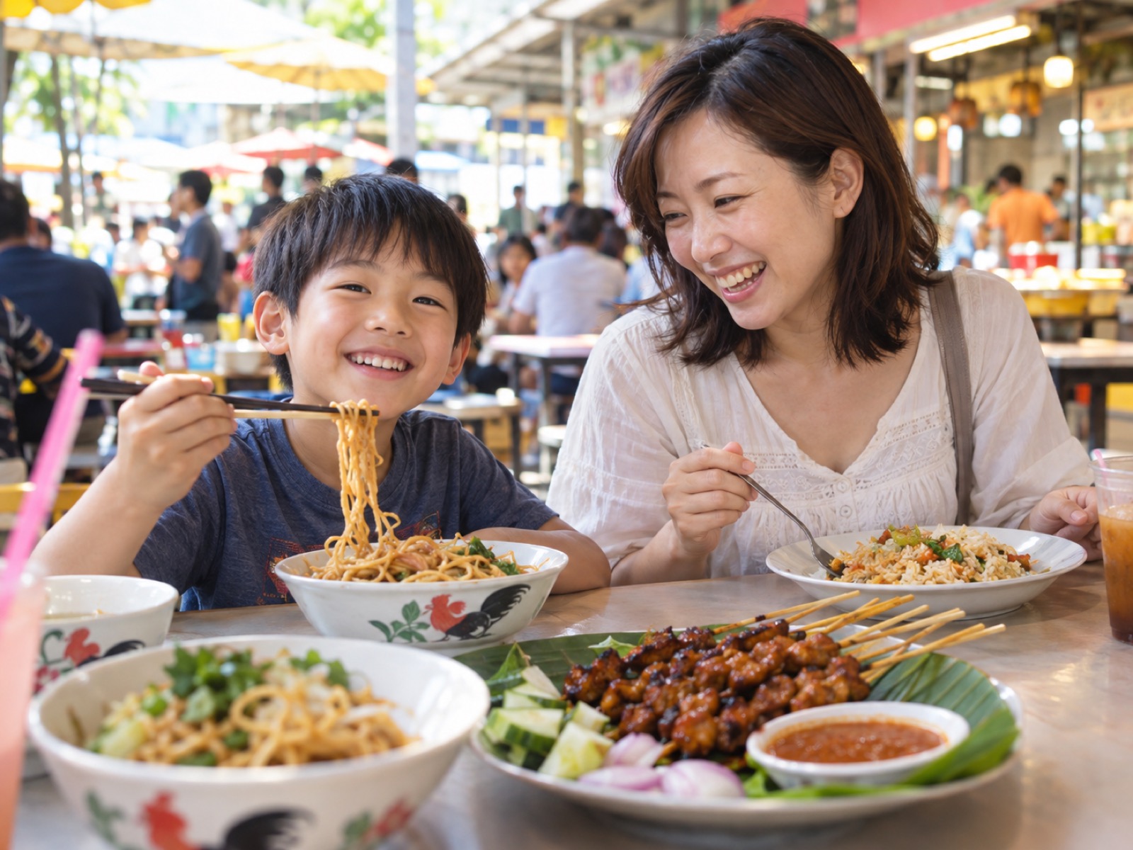 屋外のフードコートで、地元の料理を分け合って食べる母と男の子