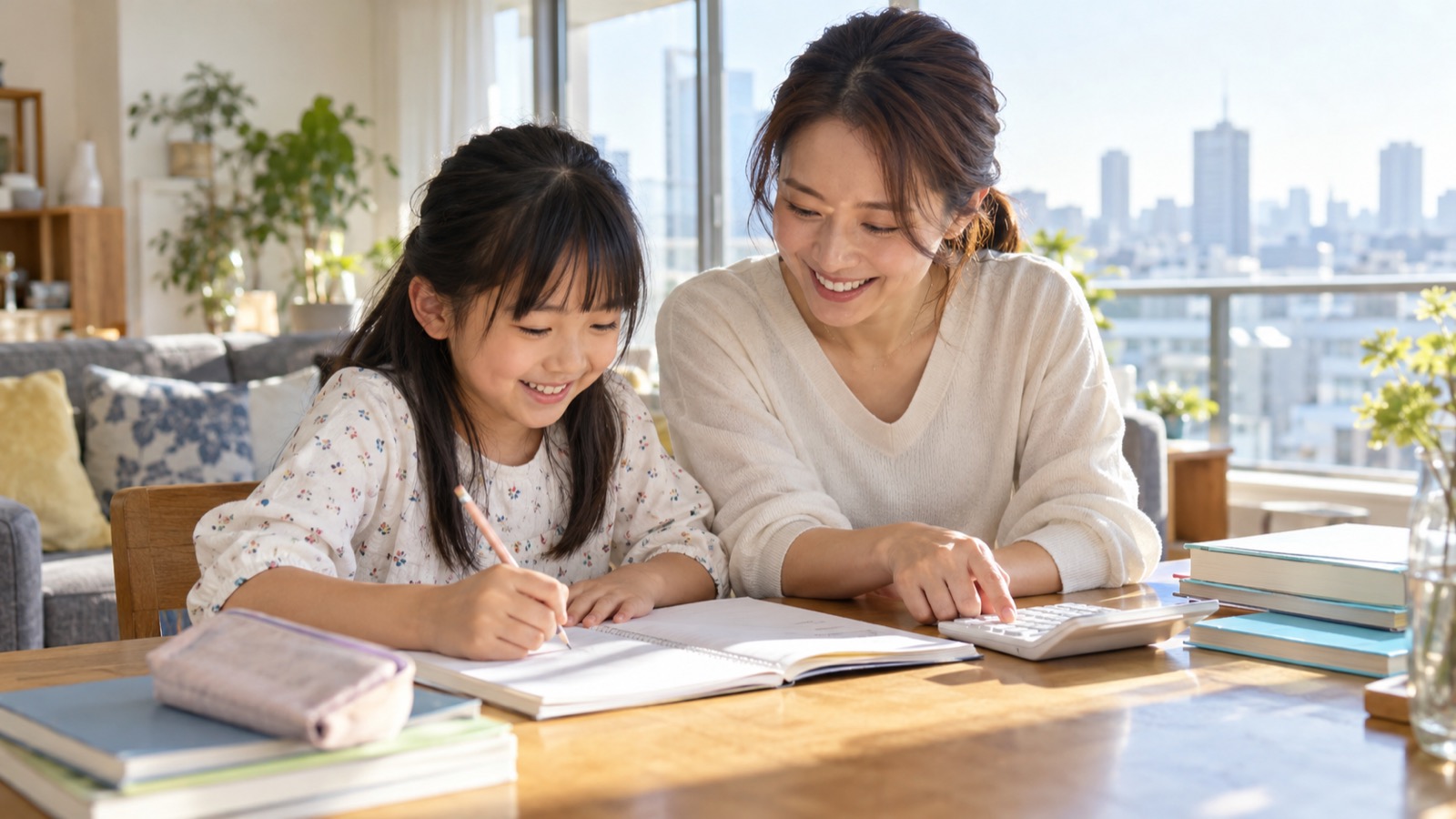 明るい高層住宅のリビングで、ノートと電卓を前に母と娘が笑いながら暮らしの費用を書き出す