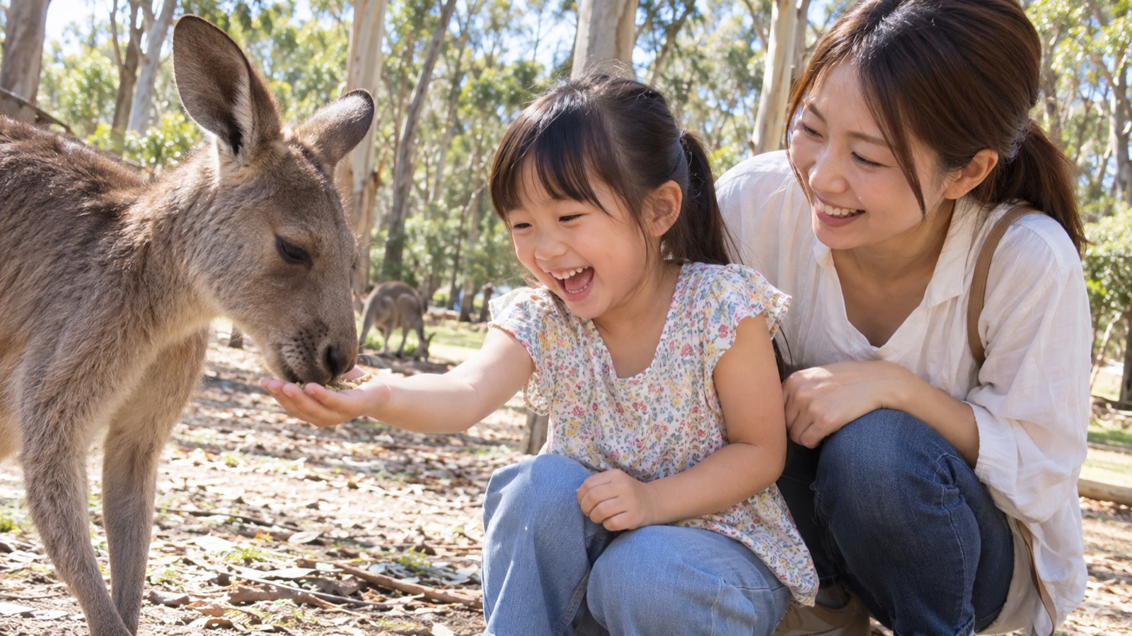 ユーカリの林の動物公園で、カンガルーにえさをあげて驚き笑う娘と、そばで見守る母