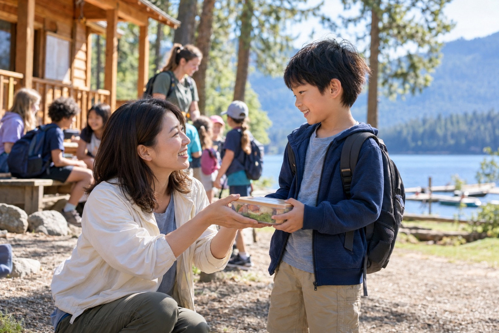 湖畔のデイキャンプの朝、リュックの息子にお弁当を手渡す母