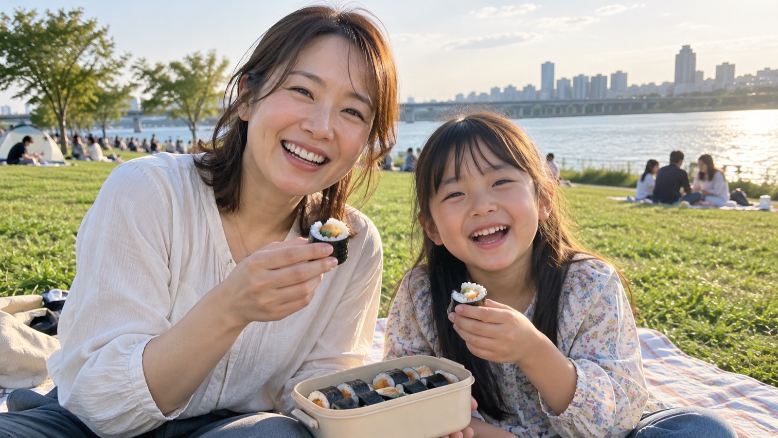 川沿いの公園でピクニックマットに座り、キンパを手に笑う母と娘