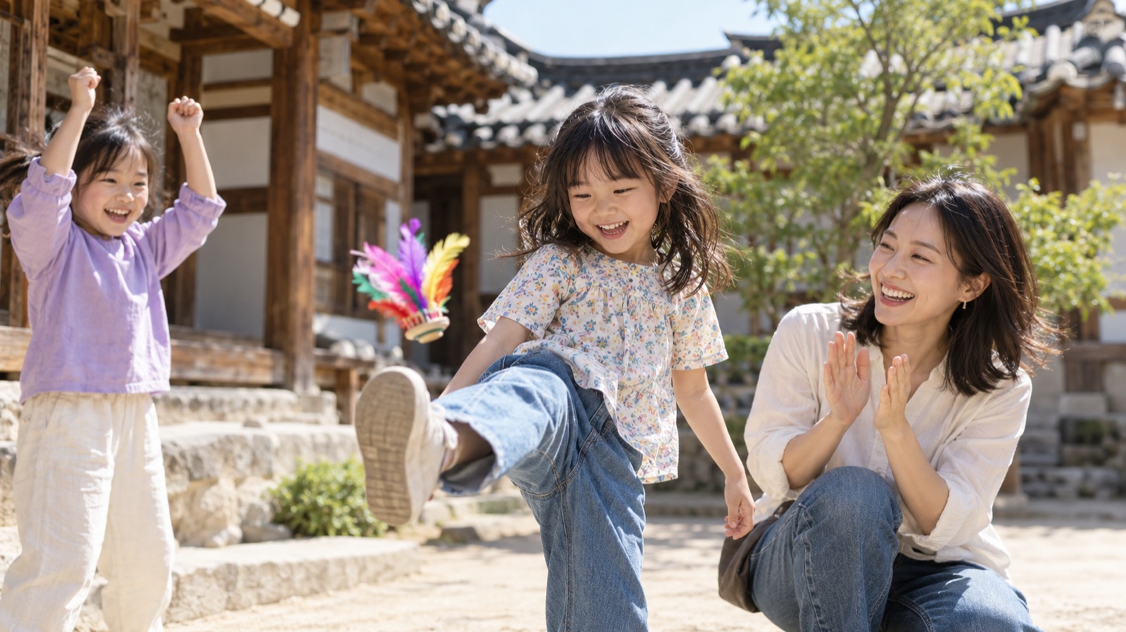 韓屋の中庭で、チェギを蹴って笑う日本人の娘と、隣で拍手する母。横で韓国の子が応援する