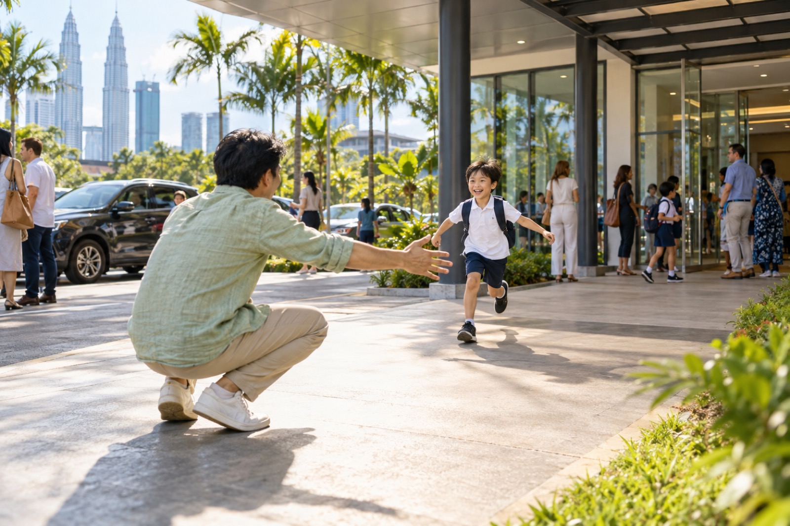 クアラルンプールの学校の前で、授業を終えた男の子を父親が迎える