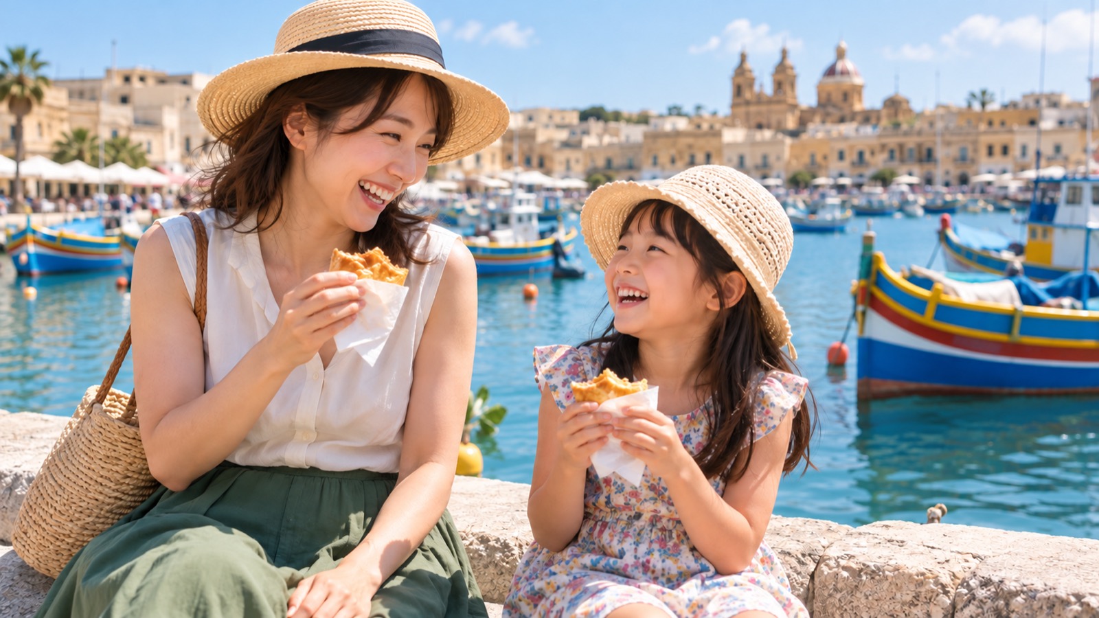 漁港の石垣に座り、色とりどりの漁船を背に軽食を食べて笑う母と娘