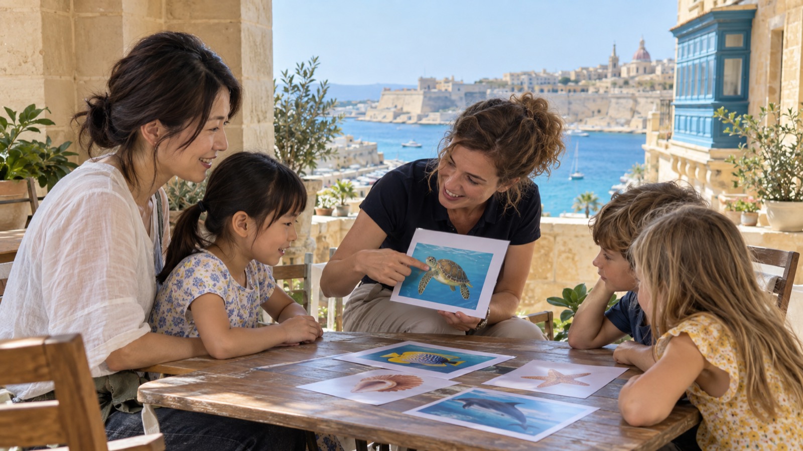 海の見える語学学校のテラスで、先生の絵カードを囲む母と娘・ほかの国の子どもたち