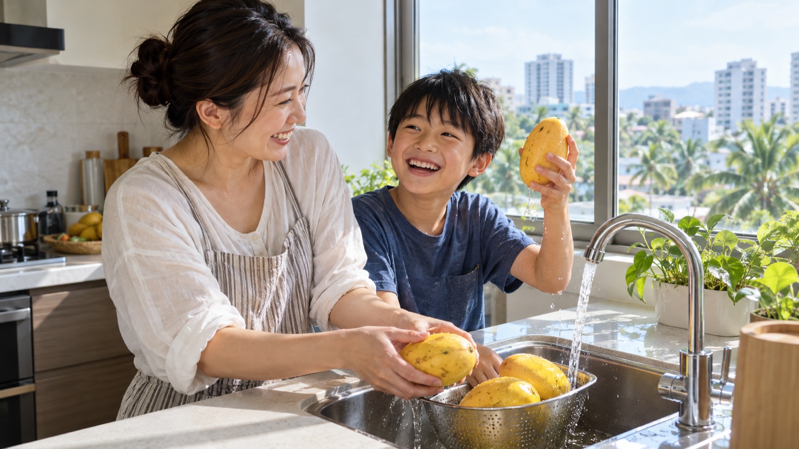 セブのコンドミニアムの台所で、マンゴーを洗いながら笑い合う男の子と母親