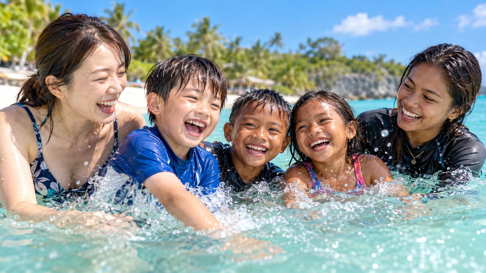 セブ島の遠浅の海で、フィリピン人の先生や子どもたちと水しぶきを上げて笑う日本人の母と男の子