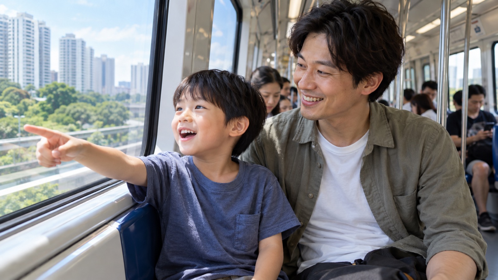 電車の窓から外の緑と高層住宅を指さす男の子と、隣で笑う父親