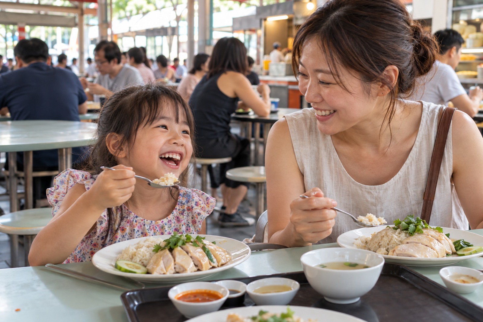ホーカーセンターでチキンライスを食べて笑う女の子と母親