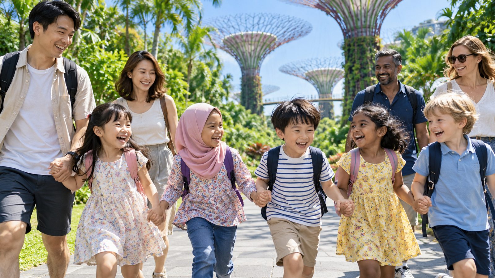 シンガポールの庭園で、いろいろな国の友だちと手をつないで笑いながら歩く日本人の親子