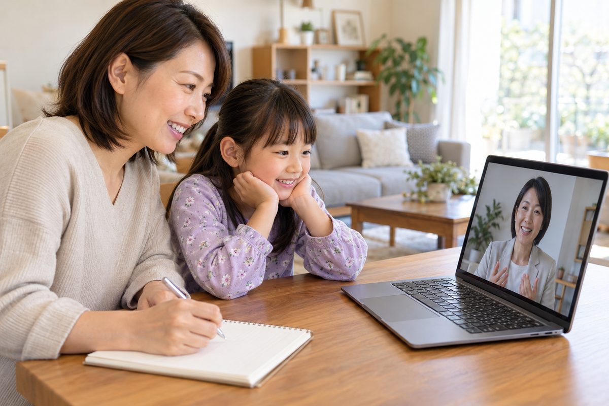 自宅のテーブルで、母と娘がノートパソコン越しにカウンセラーと話している