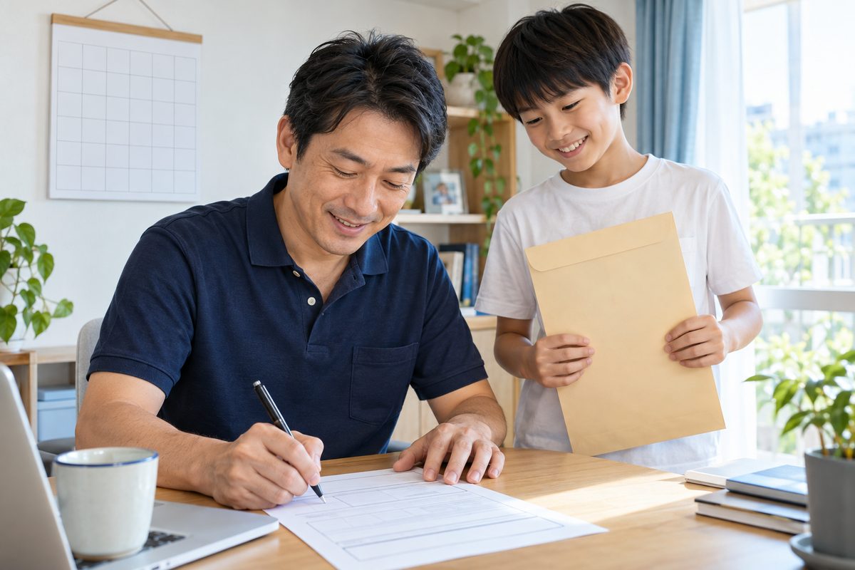 自宅の机で、父が申込書に記入し、息子が封筒を持って横に立っている