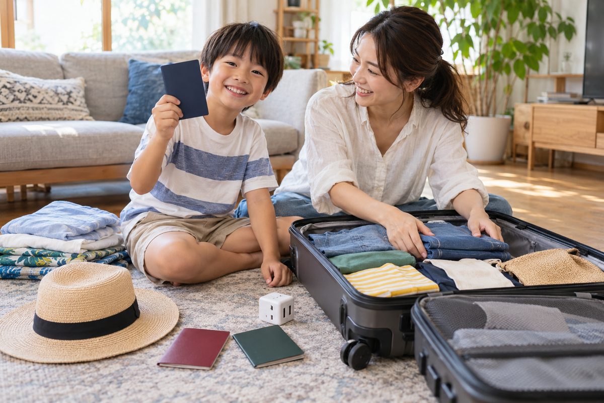 リビングの床でスーツケースに荷物を詰めながら、男の子がパスポートを見せている