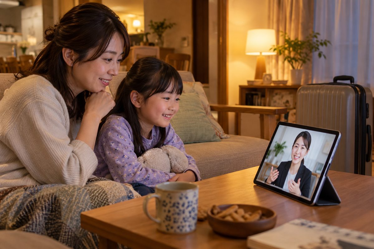 夜のリビングで、母と娘がタブレットのオンライン説明を聞いている。横に荷造りしたスーツケース