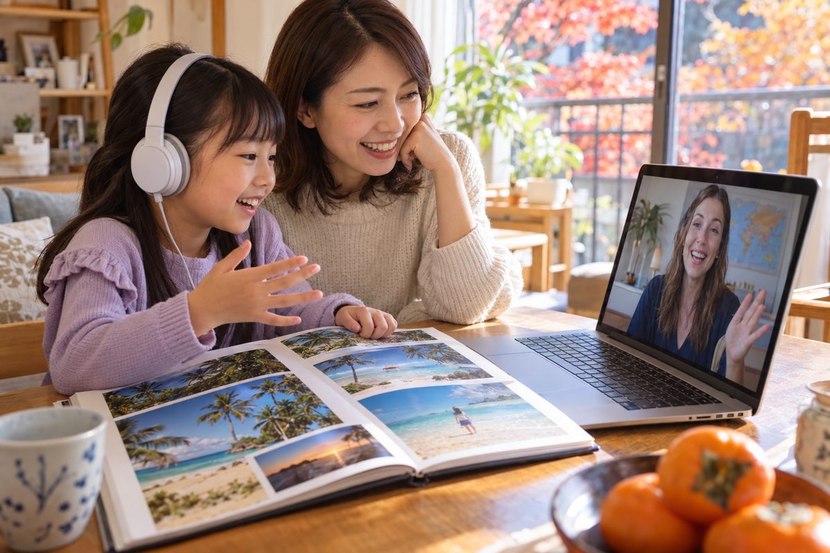 日本の自宅で、女の子がオンライン英会話を受け、母が横で見守っている