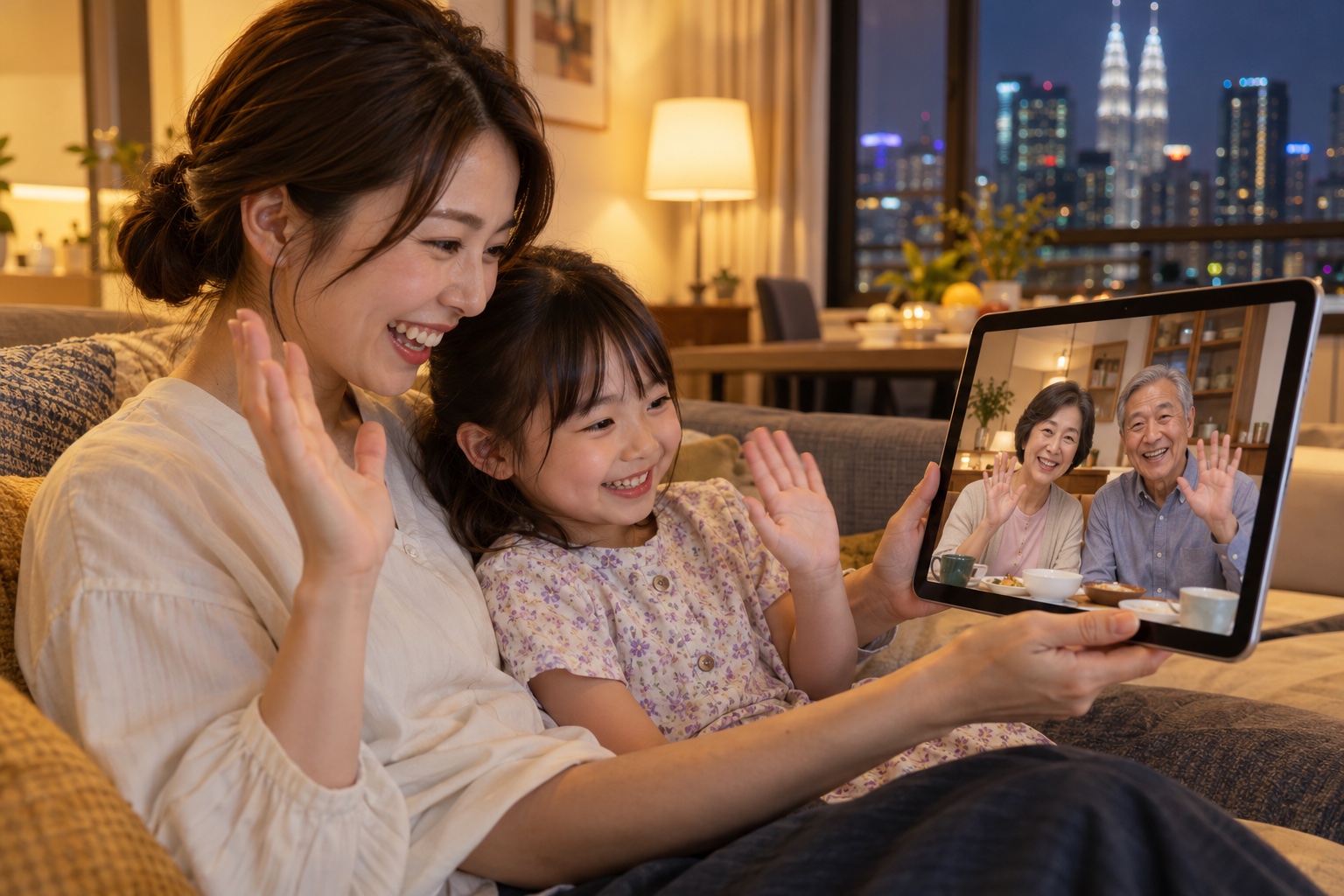 現地のアパートのソファで、母と娘がタブレットのビデオ通話で日本の祖父母に手を振っている