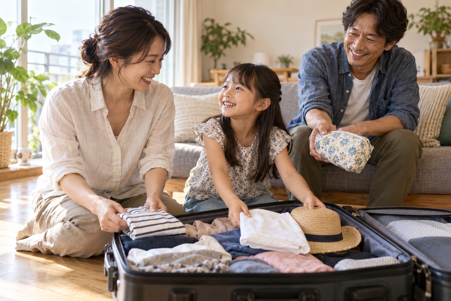 出発前のリビングで、母と娘がスーツケースに荷物を詰め、父がソファから小物入れを手渡している