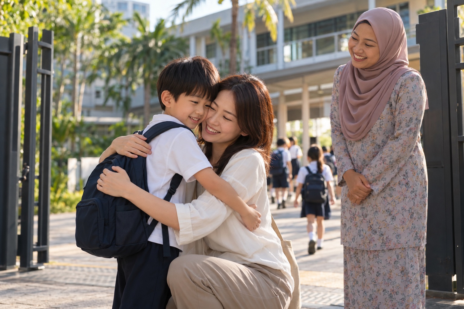 インター校の門の前で、制服姿の男の子を抱きしめる母と、そばで見守る現地の先生