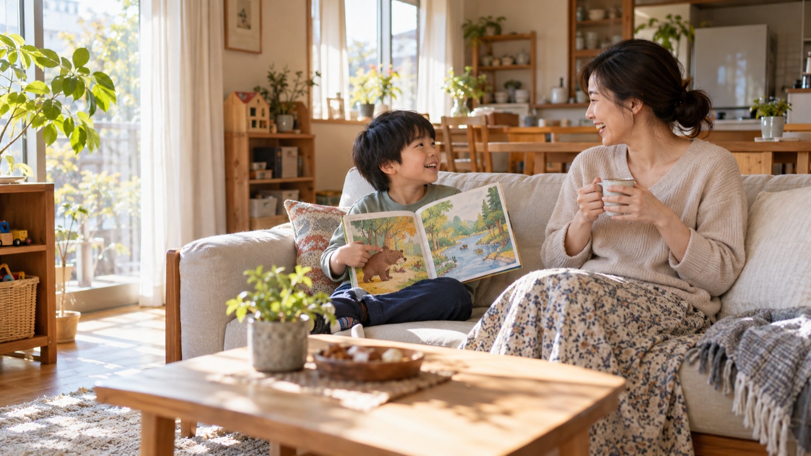 リビングのソファで英語の絵本を開いて話す男の子と、笑って聞く母
