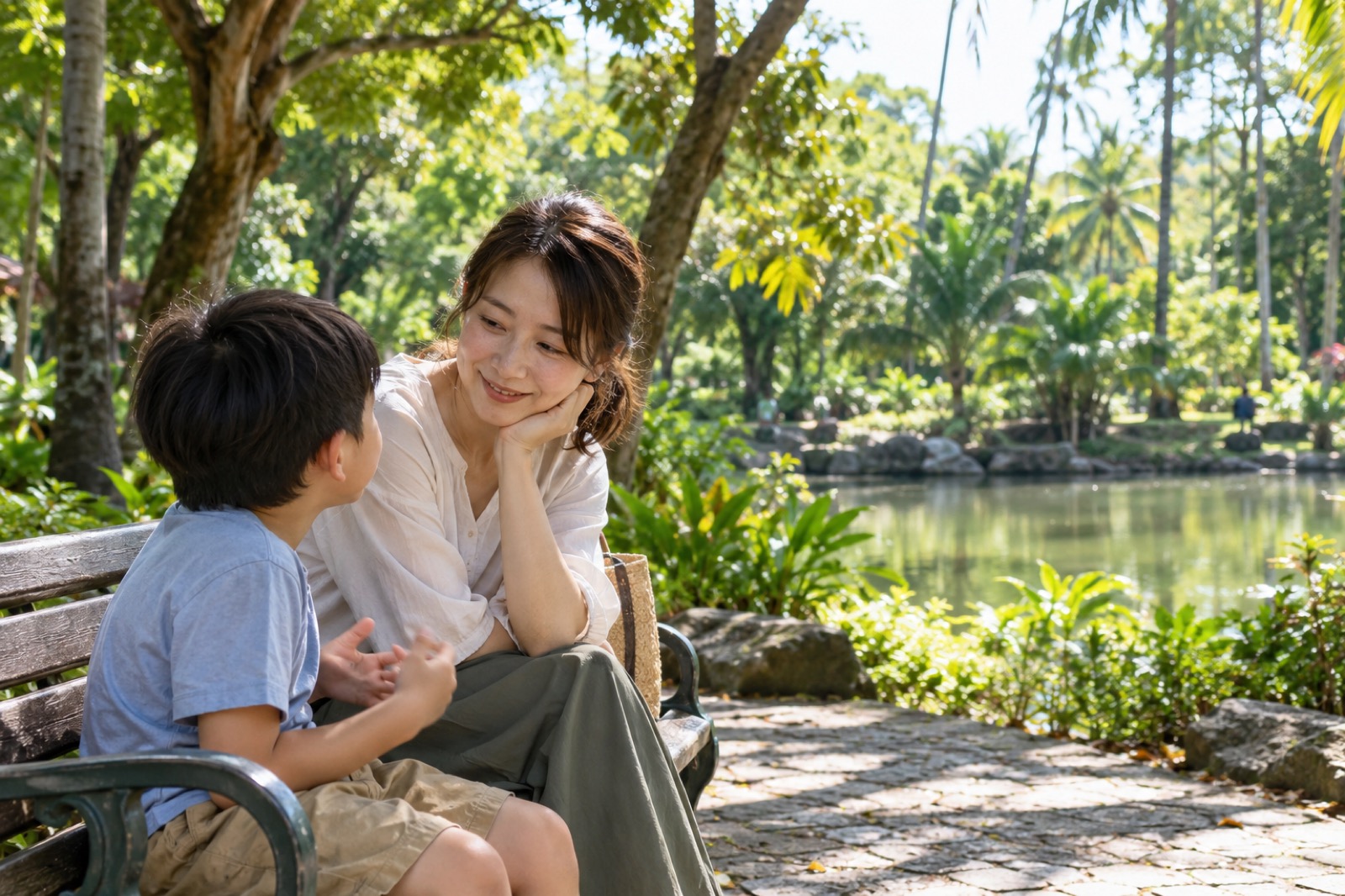 現地の公園のベンチで、子の話を聞く母の横顔