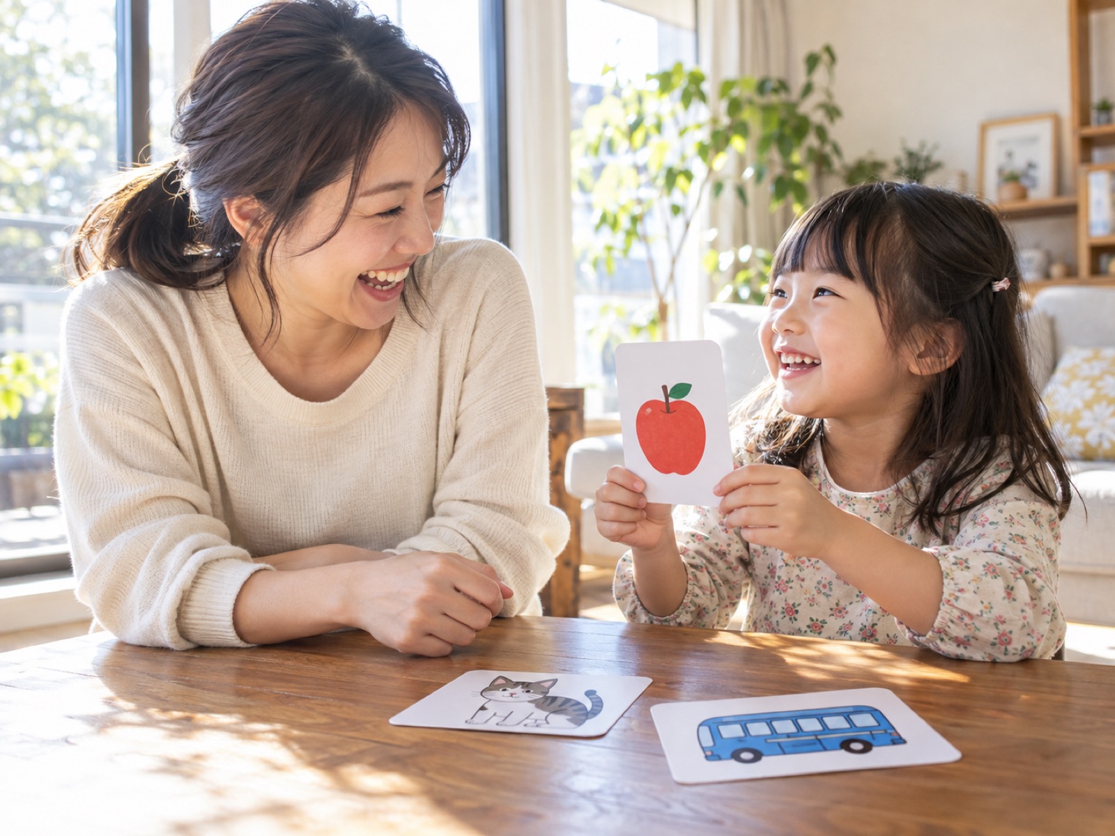 自宅の明るいリビングで、絵カードを見せ合って笑う母と娘