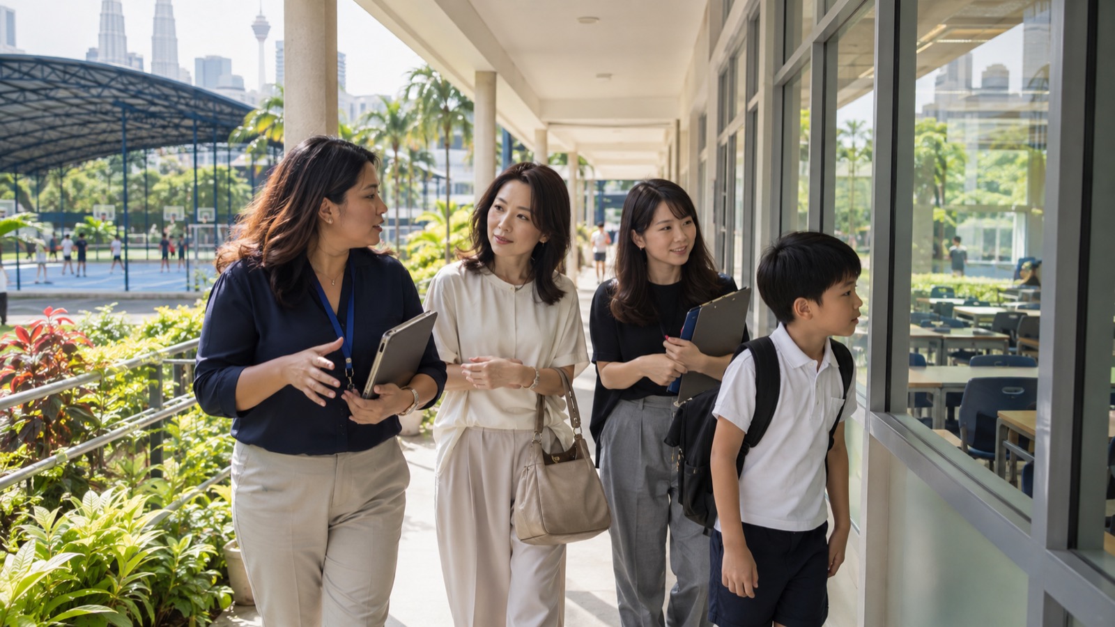 インター校の廊下で、入学担当者と日本人スタッフに案内される母と男の子