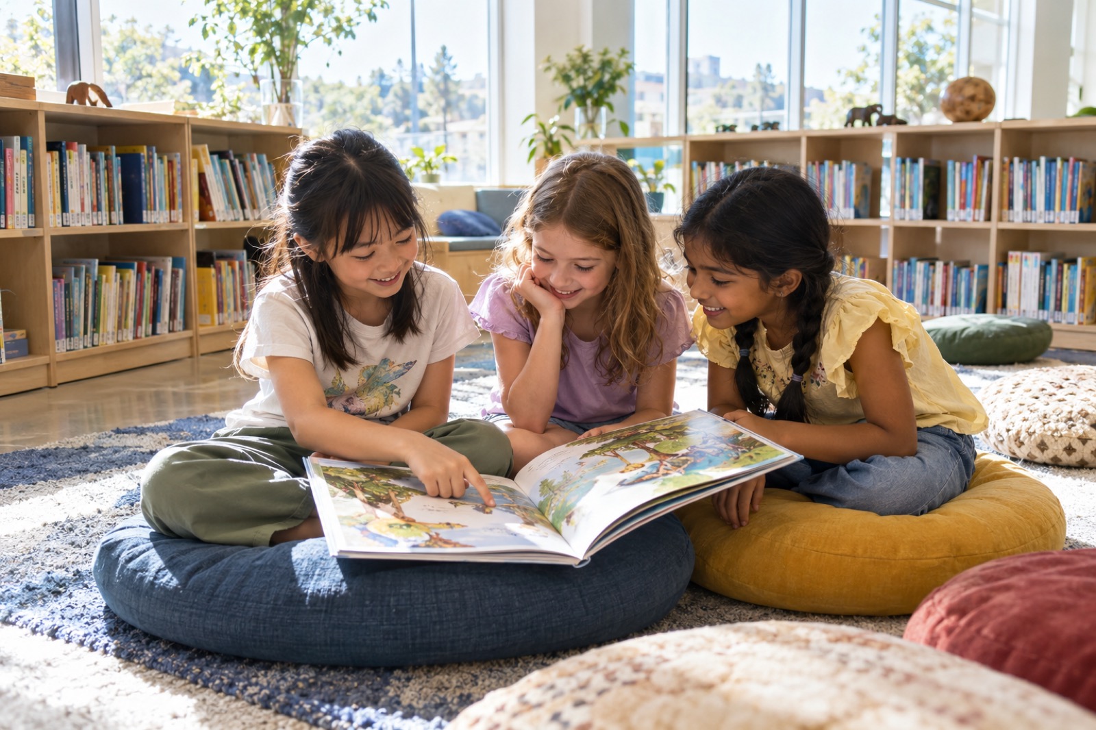 インター校の図書室で、多国籍の同級生と絵本をのぞきこむ日本人の女の子