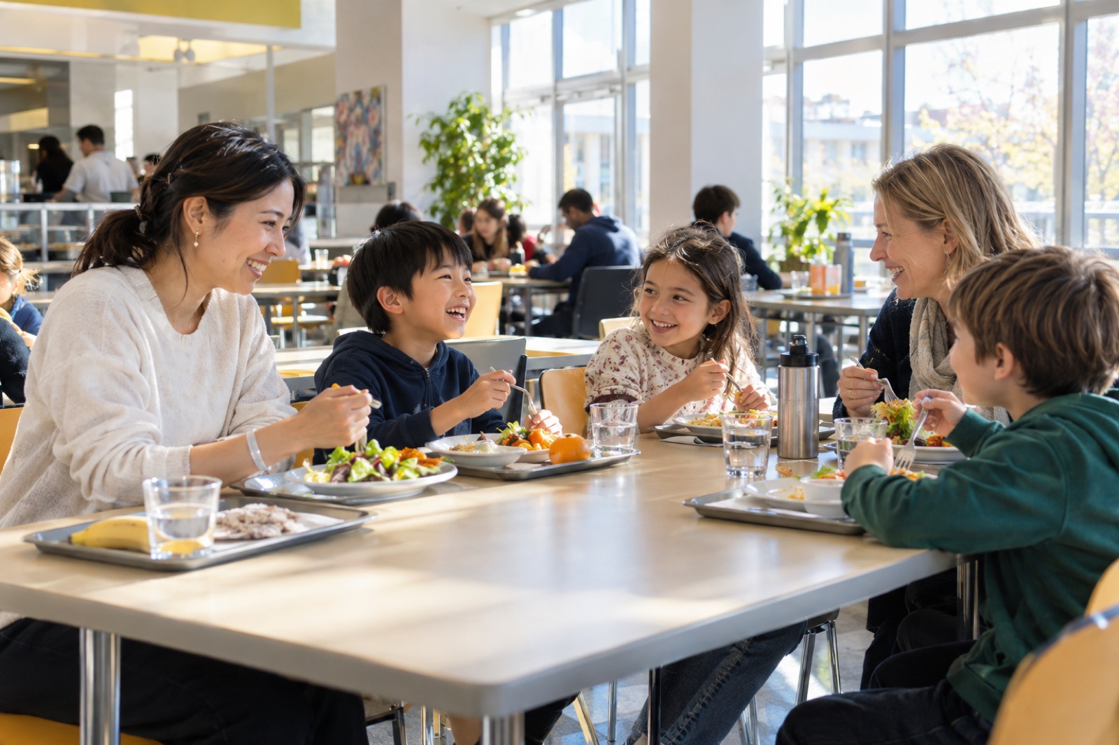 語学学校の食堂でほかの国の親子とランチをする母と息子