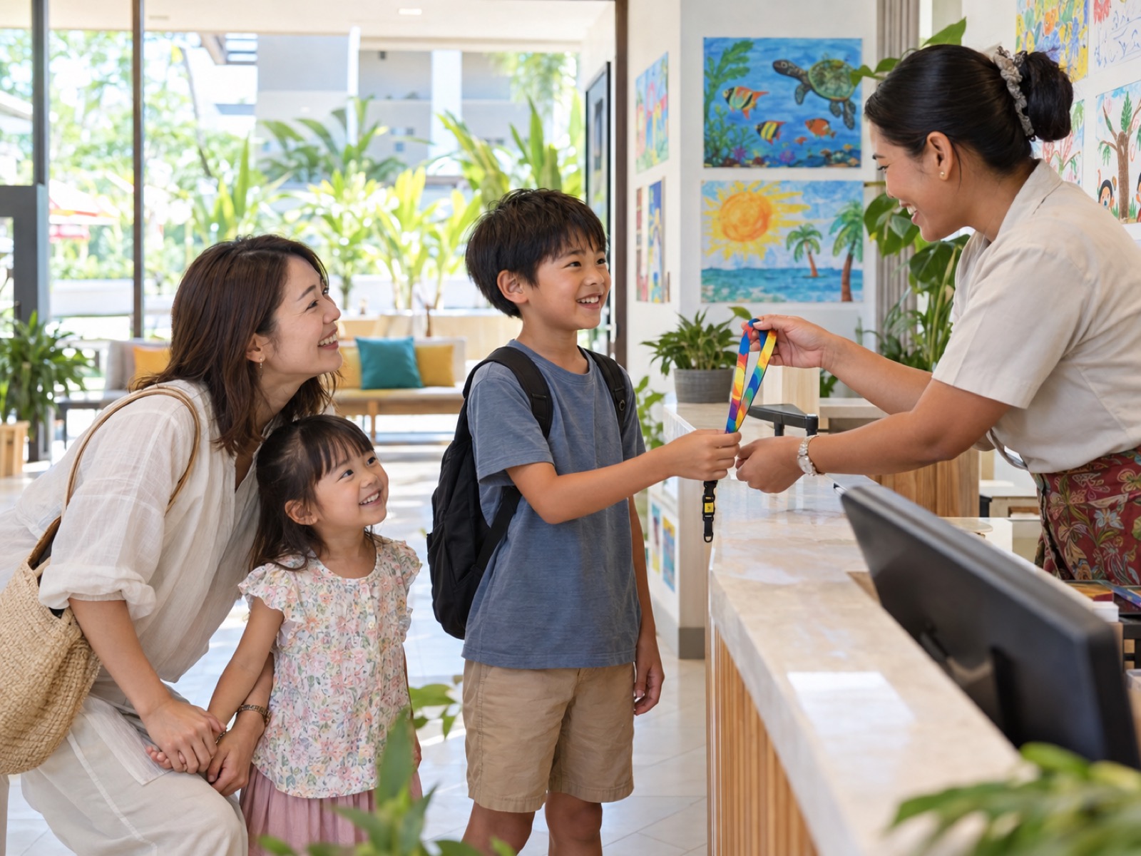 キッズプログラムの受付で、5歳の妹と10歳の兄が母と一緒に名札を受け取る