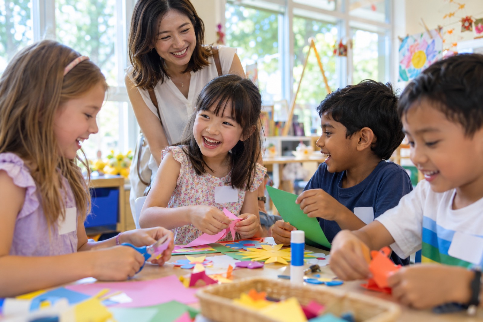 ホリデーキャンプの初日、名札の子が多国籍の子と工作し母が見守る