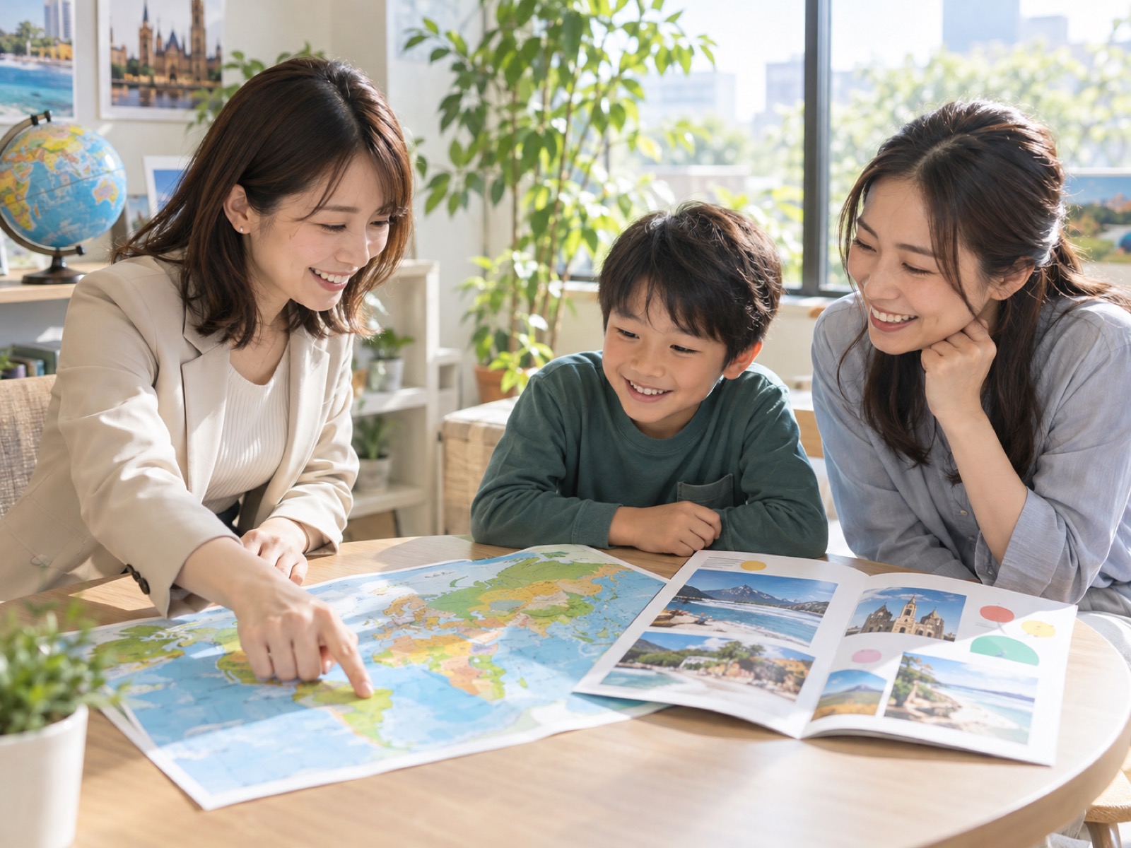 相談の席で、カウンセラーが地図を指しながら母と男の子に国の候補を話す