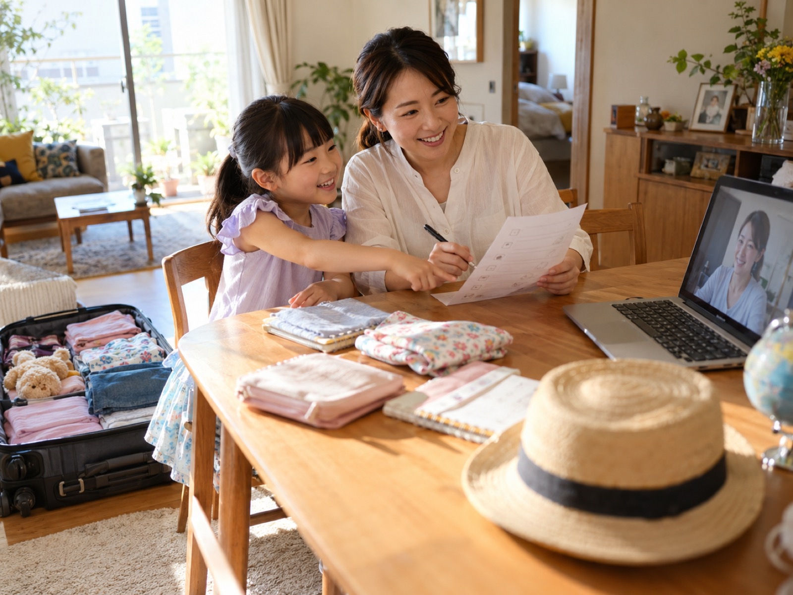 出発前、自宅の食卓で母と娘がオンラインの日本語スタッフと持ち物リストを確かめる
