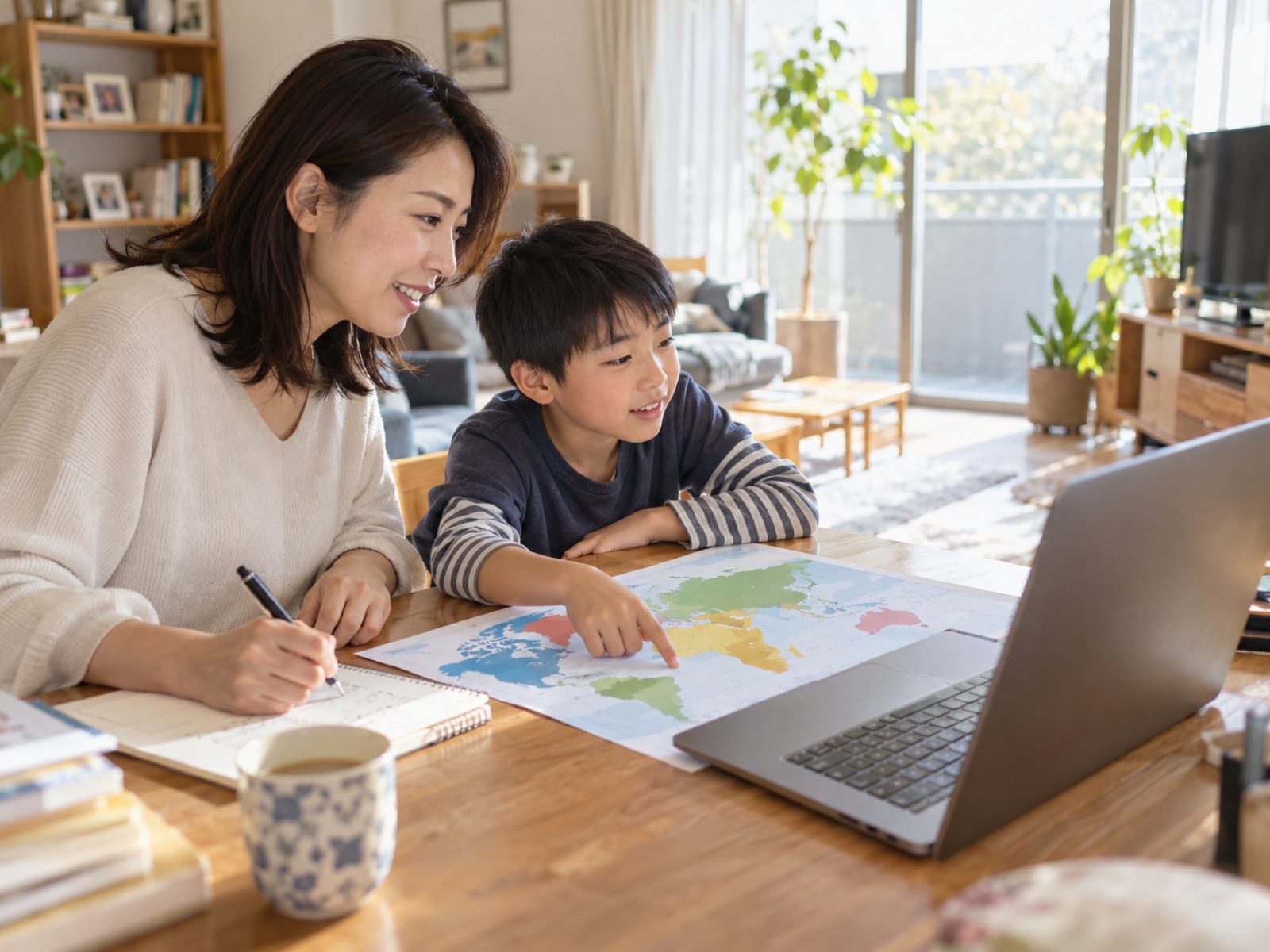 自宅のダイニングでオンライン説明会を聞きながら、メモを取る母と世界地図を指さす男の子
