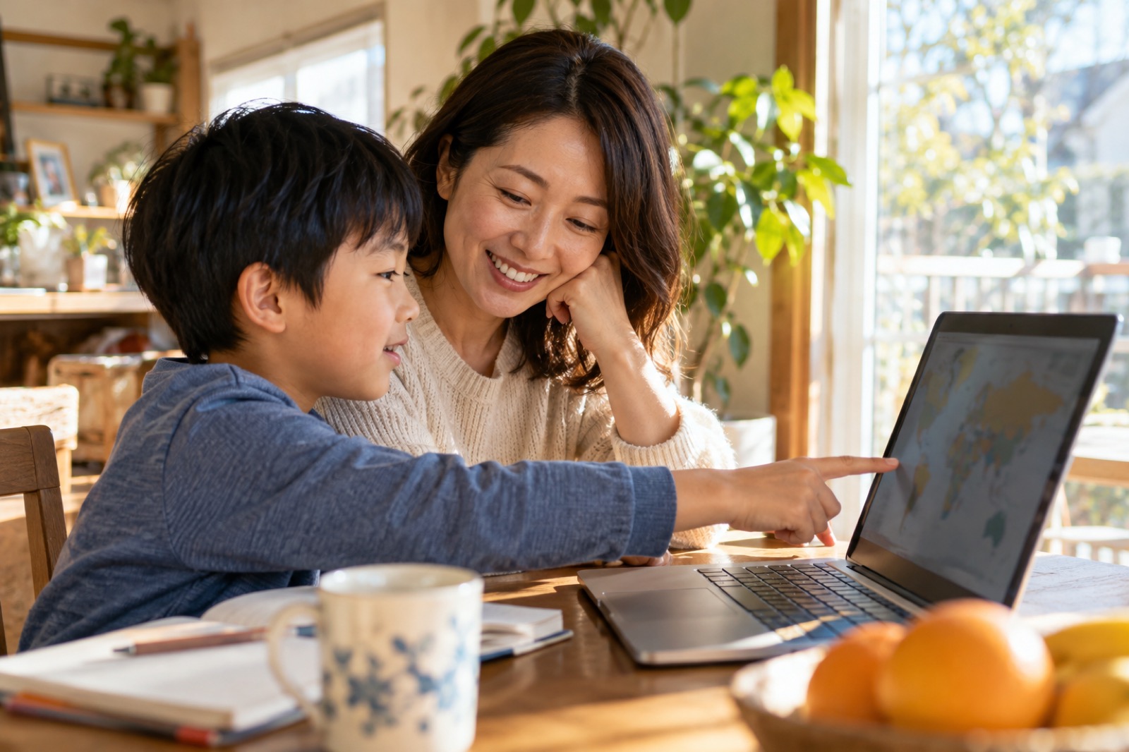 自宅のテーブルで、世界地図を開いたノートPCを一緒に見る母と息子