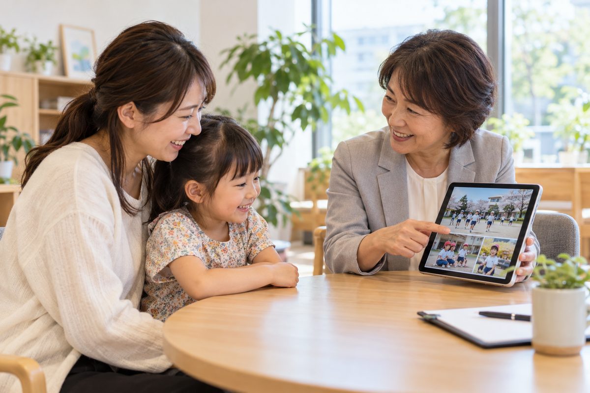 相談室で、カウンセラーがタブレットで学校の写真を母と娘に見せている