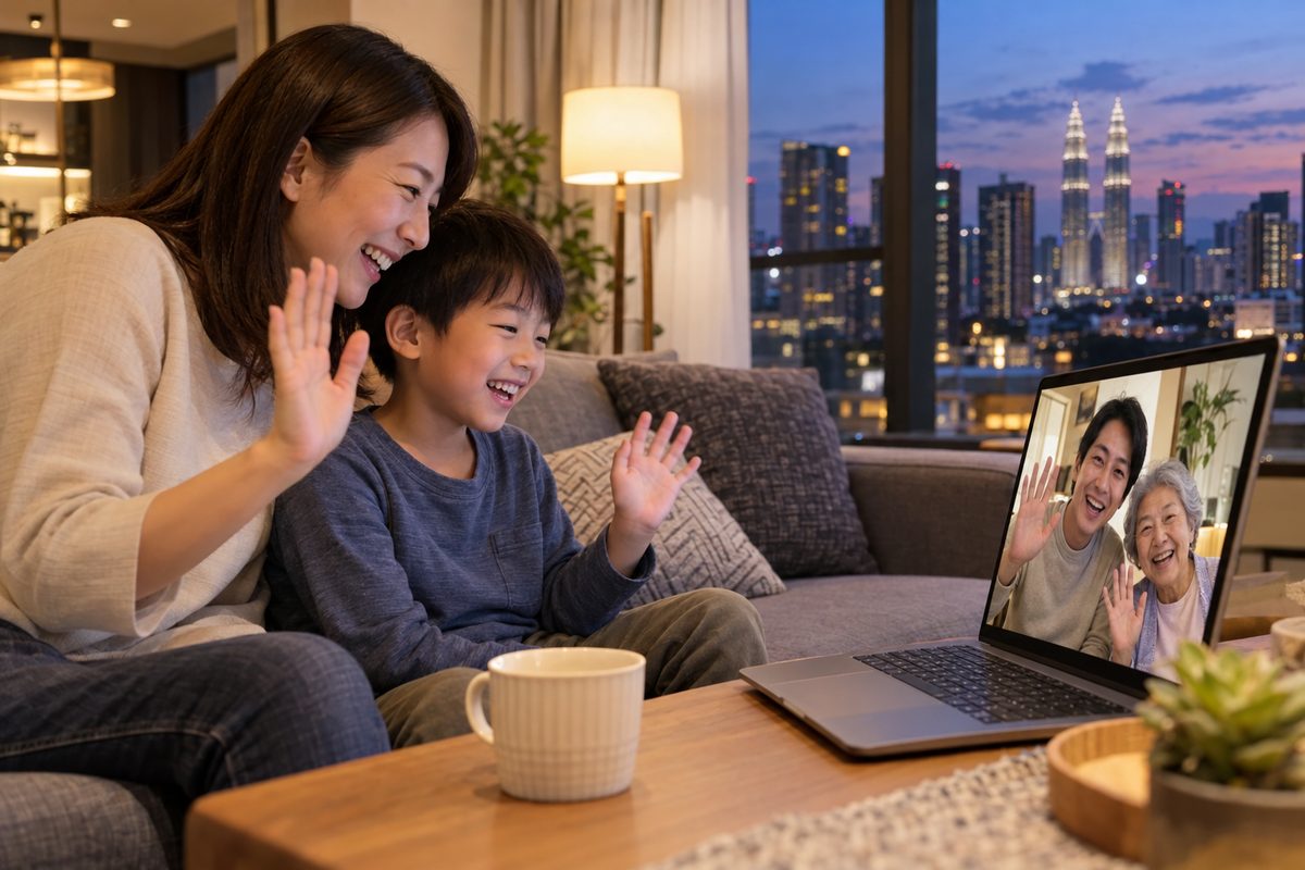 コンドミニアムのソファで、母と男の子がビデオ通話で日本の家族に手を振っている